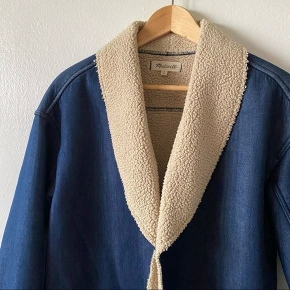 MADEWELL Size Small Sherpa-Bonded Denim Cocoon Coat Mid-Length Front Pockets - Picture 5 of 10